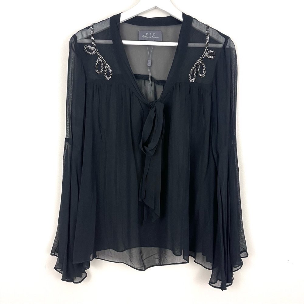 PJK Patterson J. Kincaid Sheer Button Front Blouse with Beaded Detailing